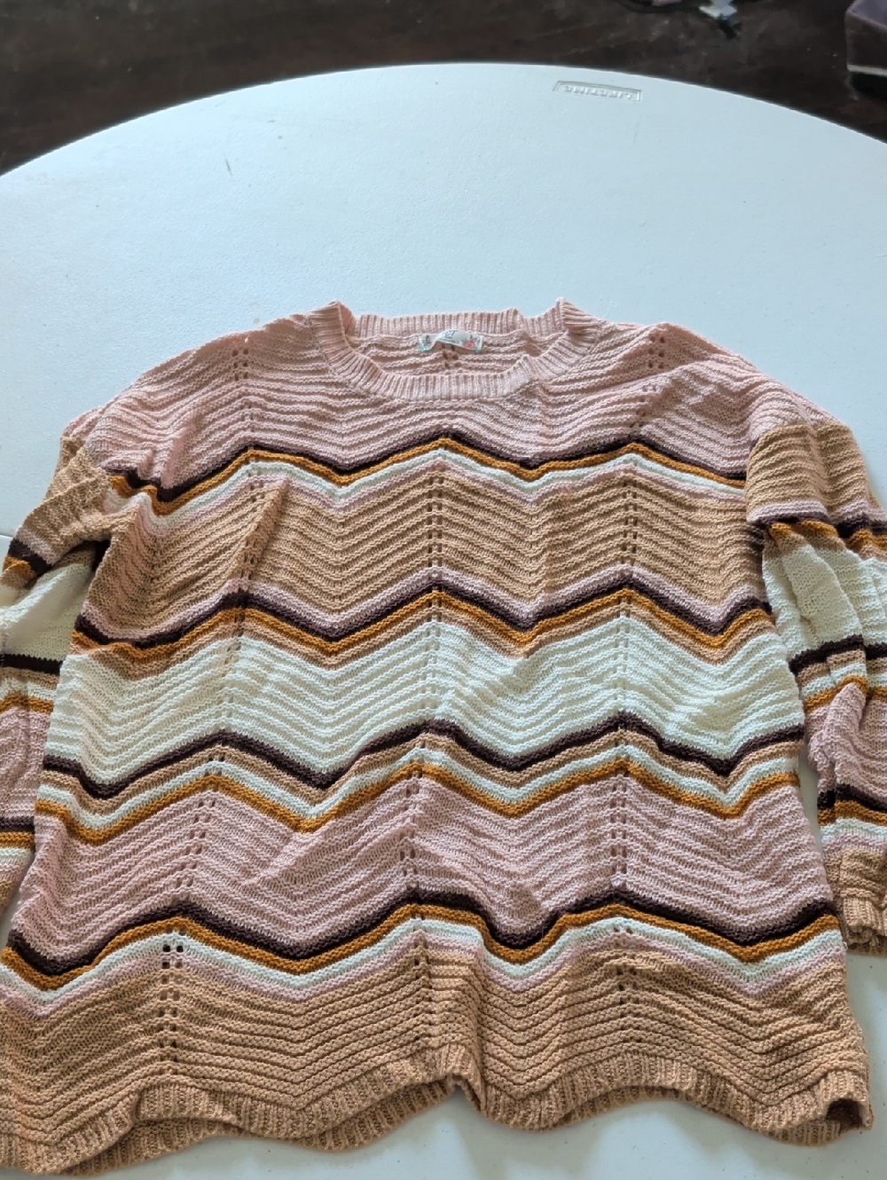 Cozy Chevron Knit Crewneck Sweater - Pink/Tan/White